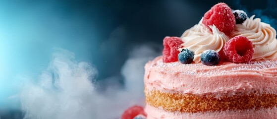 Sticker -  A frosted cake topped with raspberries, blueberries, and more raspberries, emitting smoke