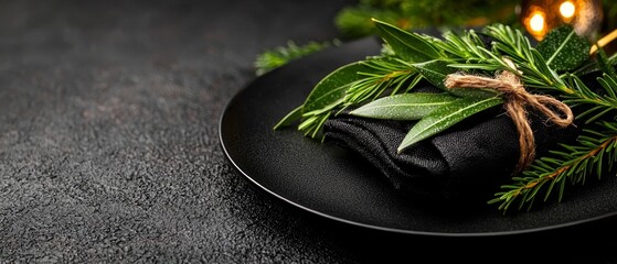  A tight shot of a black surface featuring a plate of food, a napkin, and a lit candle in the background