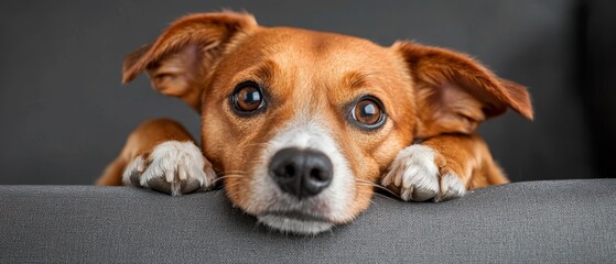 Wall Mural -  A tight shot of a dog perched on a couch, gazing over the arm with paws resting on the back