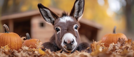 Wall Mural -  A donkey stands near a mound of leaves, surrounded by pumpkins In the backdrop, a doghouse is visible