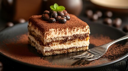 Tiramisu slice with a fork, on a glossy black plate with a blurred café backdrop