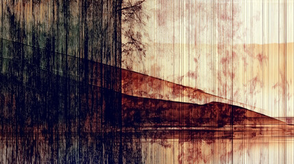 Wall Mural - A landscape scene is depicted with vertical lines adding a sense of abstraction. Layers of color and light suggest trees and hills in a serene environment.AI generated.