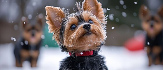 Poster -  A tiny black-and-brown dog stands in the snow, its red collar contrasting against the white backdrop Other small dogs are visible in the background