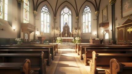 a church with stained glass windows and pews