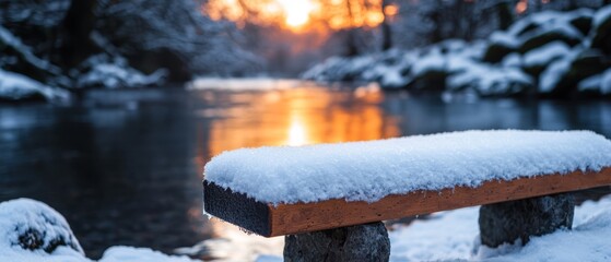 Sticker -  A wooden bench, blanketed in snow, faces a tranquil body of water Behind it, trees frame a picturesque sunset