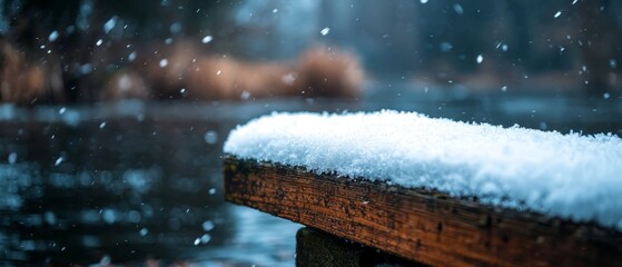 Wall Mural -  A tight shot of a weathered bench, encased in snow, nestled beside a tranquil body of water In the backdrop, trees stand tall and bare against a wintery