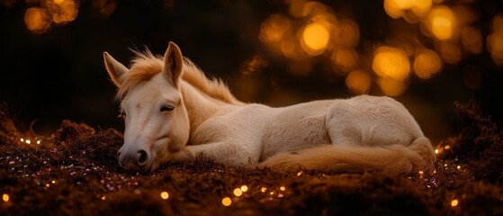 Wall Mural -  A tight shot of a horse reclining on a lush grassy expanse Background softly portrays trees and distant lights