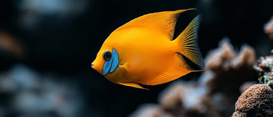  A yellow fish, sporting a blue stripe across its face, swims nearby in the water, surrounded by vibrant corals