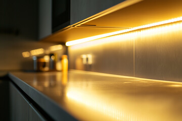 Wall Mural - Understated Lighting: Discreet Under-Cabinet Light Illuminating a Modern Kitchen Counter