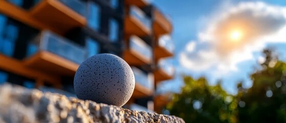 Poster -  An egg atop a stone wall, before a building with a blue sky behind it