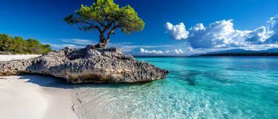 Sticker -  A tree atop a rock by the water's edge, another tree growing above it