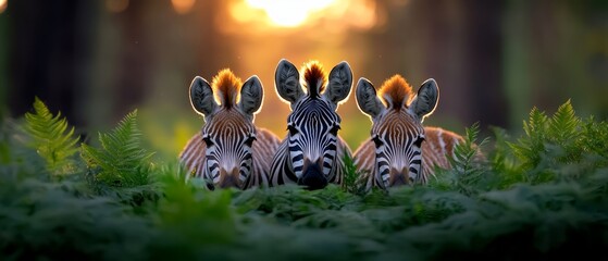  Two zebras stand side by side on a verdant grassy plain, framed by trees in the background