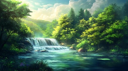 Wall Mural - Tranquil Waterfall in a Lush Forest with a Calm River