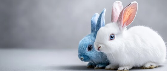 Wall Mural -  A white rabbit and a blue bunny sit side by side against a gray backdrop