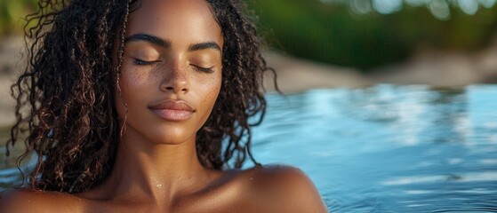 Wall Mural -  A woman in a pool, eyes shut, hair billowing with wind