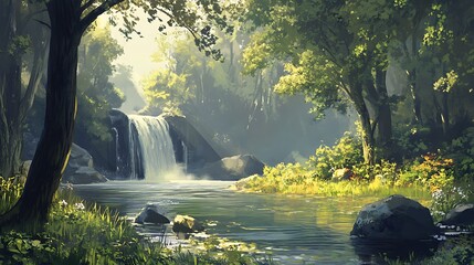 Wall Mural - Tranquil Forest Waterfall with Sunlight Filtering Through the Trees