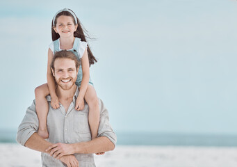 Poster - Beach, shoulders and portrait of dad with kid for playing on holiday, vacation and adventure. Family, outdoor and happy girl with father by ocean for bonding, loving relationship and fun in Australia