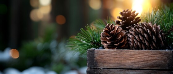 Wall Mural -  A tight shot of a pinecone atop a weathered wooden box, backdrop softly obscured by a hazy, indistinct light