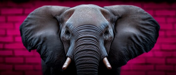 Wall Mural -  An elephant, with tusks, stands before a brick wall, curling its trunk upward