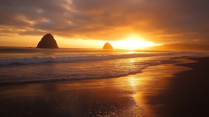 Dramatic sunset over the ocean with two rock formations silhouetted against the sky.