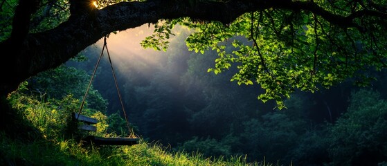 Canvas Print -  A tree featuring a swing suspended from its branches, before a verdant forest teeming with trees