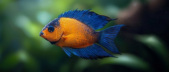 Wall Mural -  A tight shot of a blue-yellow fish in an aquarium, surrounded by plants, and a vague, watery sky in the backdrop