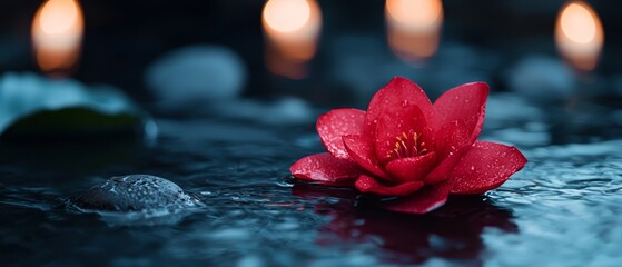 Poster -  A red flower atop a puddle, behind lined-up candles, aglow