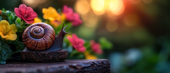 Wall Mural -  A snail atop a wood slice, adjacent to a flower-filled potted plant