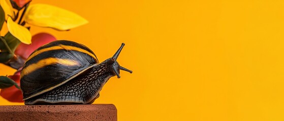 Wall Mural -  A snail rests atop a potted plant beside a yellow wall The flowers are a vibrant blend of red and yellow