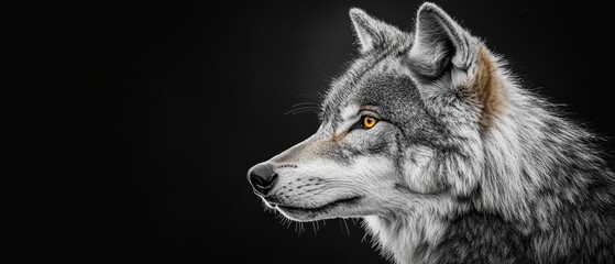 Wall Mural -  A tight shot of a wolf's orange-eyed visage against a black backdrop