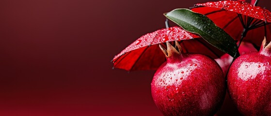  Two pomegranates with leaves and umbrella-likecalyxes against a bold red backdrop, adorned with water droplets