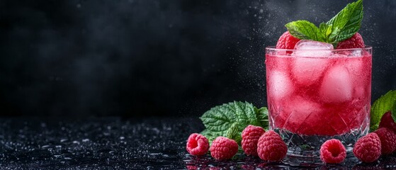 Poster -  A glass of raspberry lemonade with fresh raspberries and mint sprinkles against a black background