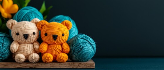 Wall Mural -  A  bear next to a ball of yarn and a ball of yarn against a backdrop of tulips