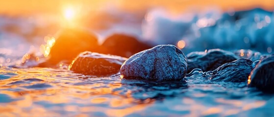 Poster -  A tight shot of submerged rocks with sun looming behind, ice coating select stones