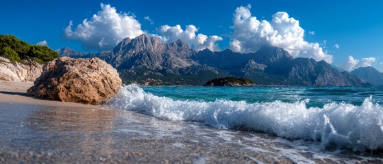 Sticker -  A large rock atop a sandy beach, overlooking water and mountains in the backdrop