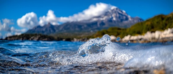 Poster -  A tight shot of a wave lapping on a water body In the distance, a towering mountain range stands Scattered clouds fill the sky above