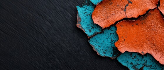 Poster -  A tight shot of an orange and teal paint swatch against a black backdrop Black background included