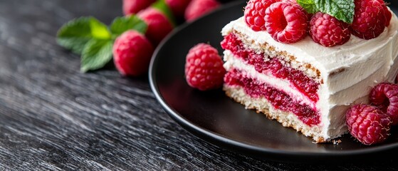 Poster -  A black plate holds a cake topped with white frosting and a scattering of raspberries nearby