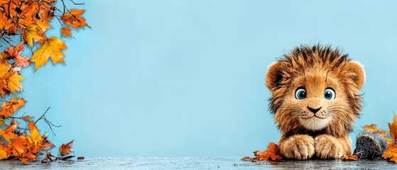 Wall Mural -  A lion atop a mound of leaves, beside another pile, under a blue sky