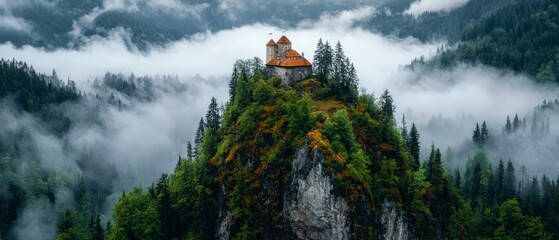 Wall Mural -  A castle perches atop a mountain, enshrouded by fog, with low-lying trees in the foreground