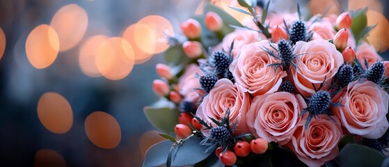 Sticker -  A bouquet of pink roses atop a table against a blurred backdrop of twinkling lights