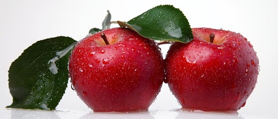 Wall Mural -  Two red apples sit side by side on a pristine white surface, accompanied by water droplets