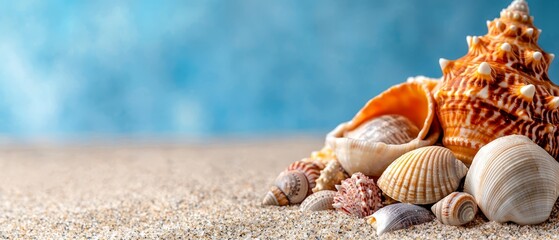 Poster -  A heap of sea shells on a sandy beach, beside a blue ocean, and backed by a blue seaside wall