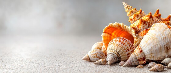 Wall Mural -  A collection of seashells atop a sandy beach contrasting against a gray-white backdrop