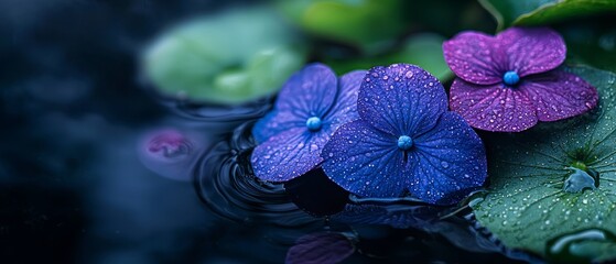 Wall Mural -  A cluster of purple and blue blooms atop a verdant, leafy plant, adorned with water beads