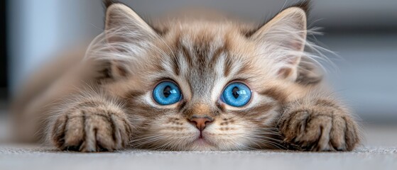 Wall Mural -  A tight shot of a feline with blues eyes on the ground, one paw touching the earth