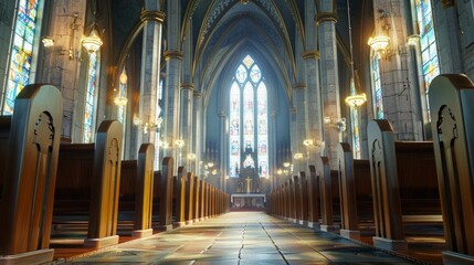 A large church with stained glass windows and wooden pews