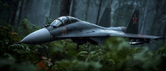 Poster -  A fighter jet traverses a verdant forest, its wing bearing a scarlet star