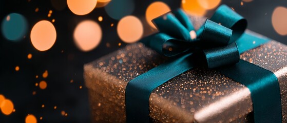 Poster -  A tight shot of a gift box, adorned with a blue ribbon, against a background of numerous twinkling lights