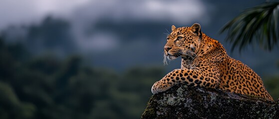 Wall Mural -  A leopard atop a rock, lush green forest beneath,..Cloudy sky above, palm tree in the foreground